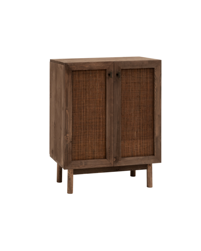 Massiver Holz- und Rattan-Sideboard mit 2 Türen in Nussbaumfarbe, Maße 100x80 cm.