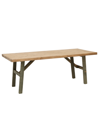 Massiver Holz-Couchtisch in Natur- und Grüntönen.