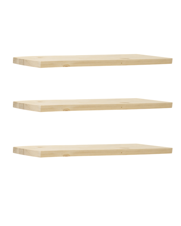 Packen Sie 3 Massivholz-Schweberegal in Naturholz-Finish, verschiedene Maße.
