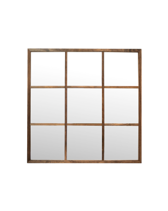 Quadratischer Wandspiegel in Fensterform aus dunklem Eichenfurnierholz, 90x90 cm.