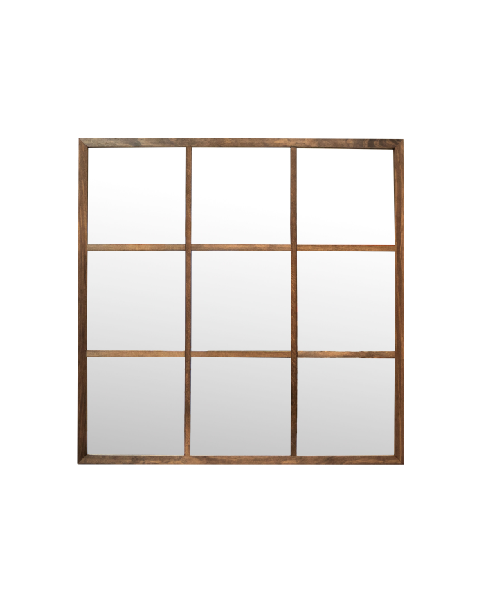 Quadratischer Wandspiegel in Fensterform aus dunklem Eichenfurnierholz, 90x90 cm.