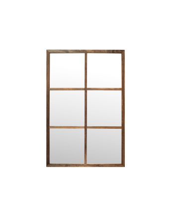 Rechteckiger Wandspiegel im Fensterstil aus dunkelroher MDF-Holz in den Maßen 90x60cm.
