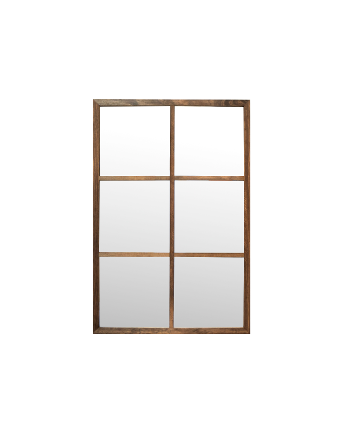 Rechteckiger Wandspiegel im Fensterstil aus dunkelroher MDF-Holz in den Maßen 90x60cm.