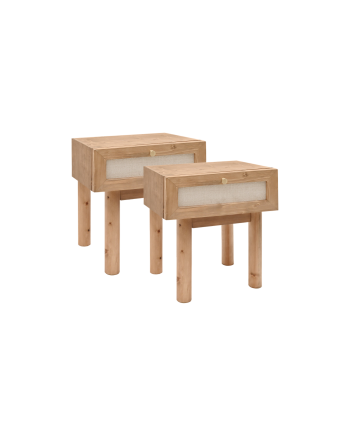 Pack 2 Nachttische mit Massivholzschublade und Leinen in dunklem Eichenfarbton von 45x40cm.