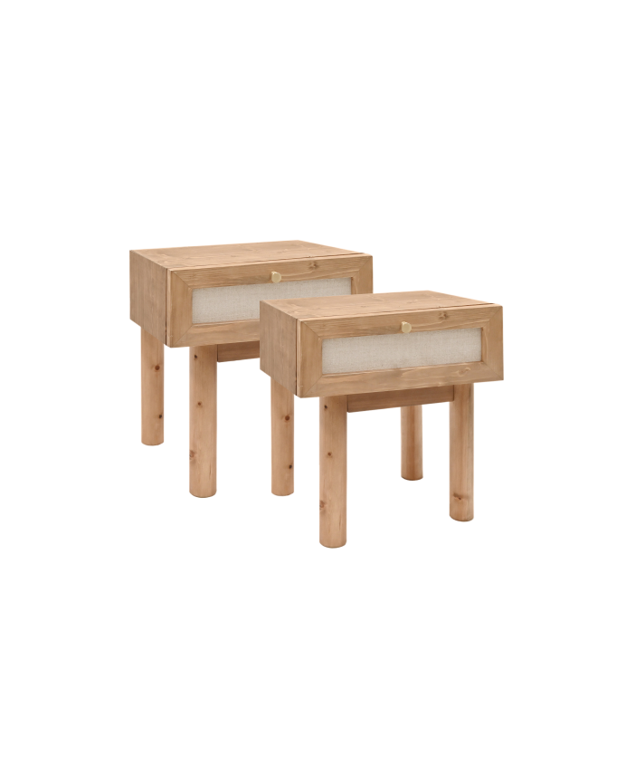 Pack 2 Nachttische mit Massivholzschublade und Leinen in dunklem Eichenfarbton von 45x40cm.