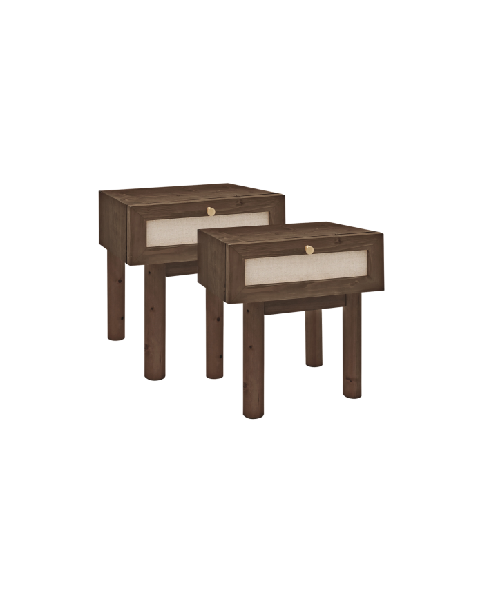 Verpacke 2 Beistelltische mit massivem Holzschublade und Leinen in Nussbaumfarbe von 45x40cm.