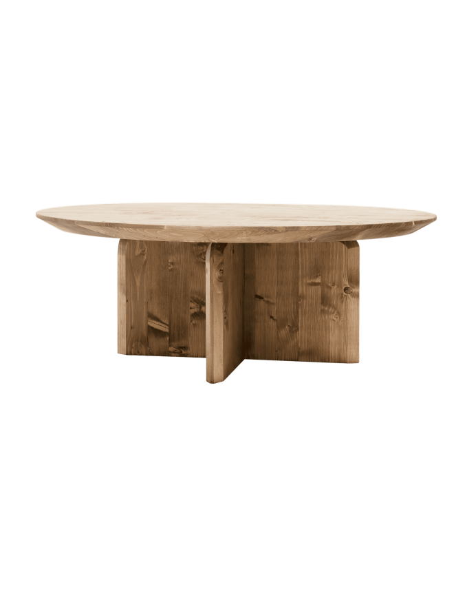 Runder Massivholz-Couchtisch in dunklem Eichenton in verschiedenen Größen.