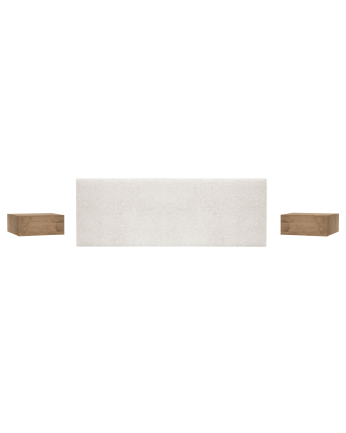 Pack de cabecero tapizado tono beige y 2 mesitas de noche flotantes de madera maciza tono roble oscuro varias medidas