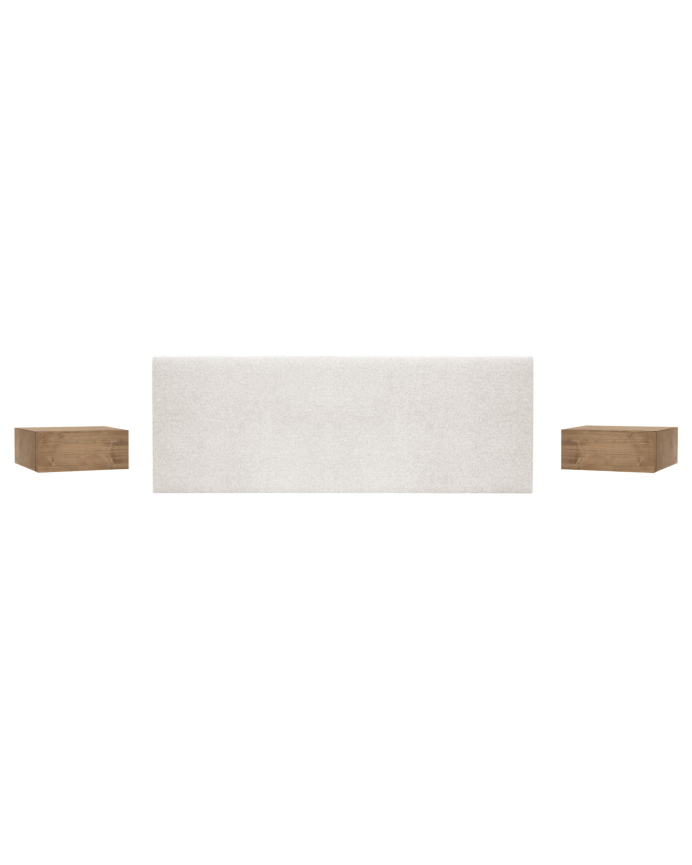 Pack de cabecero tapizado tono beige y 2 mesitas de noche flotantes de madera maciza tono roble oscuro varias medidas