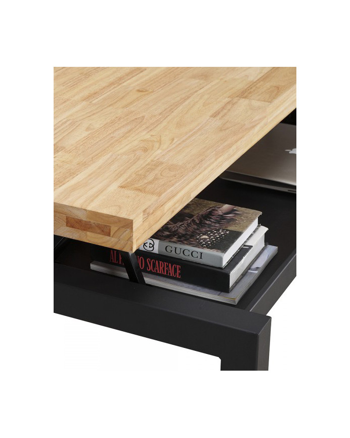 Höhenverstellbarer massiver Holz-Couchtisch mit schwarz lackierten Eisenbeinen, 43x120 cm.
