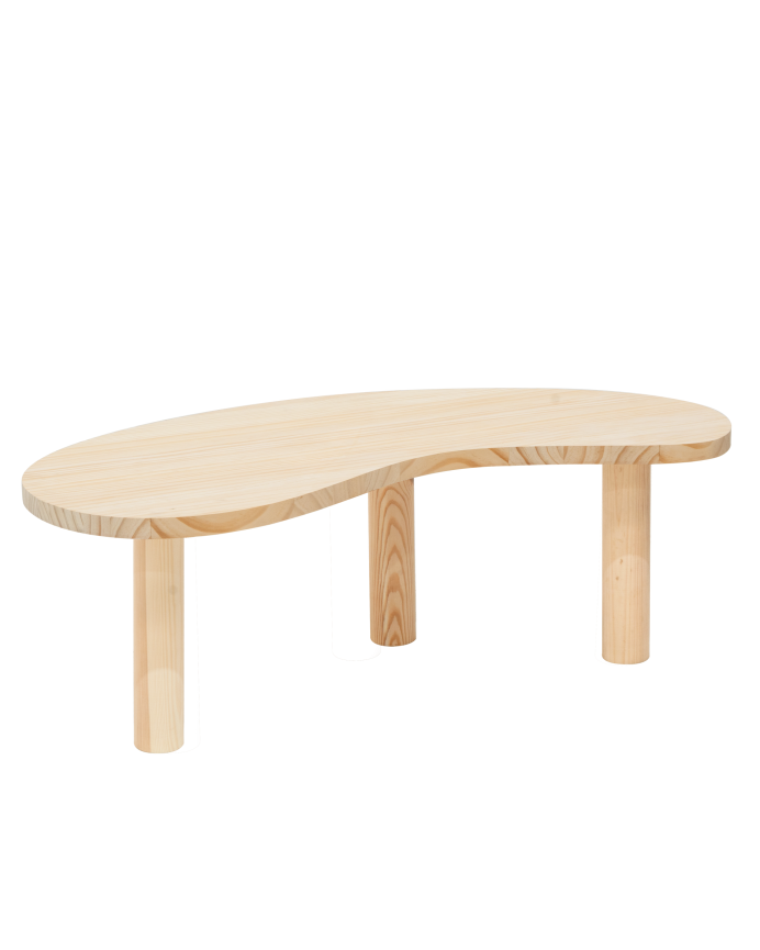 Massiver Holz-Couchtisch in organischen Formen in natürlichen Tönen in verschiedenen Größen.