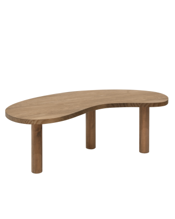 Massiver Holzcouchtisch in organischen Formen in dunkelroher Eiche verschiedener Maße.