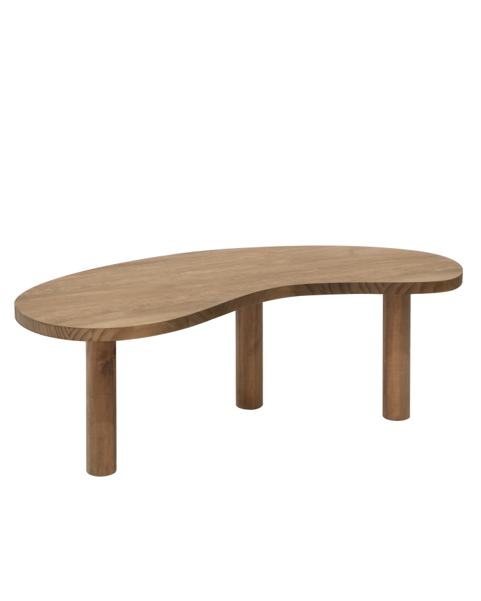 Massiver Holzcouchtisch in organischen Formen in dunkelroher Eiche verschiedener Maße.