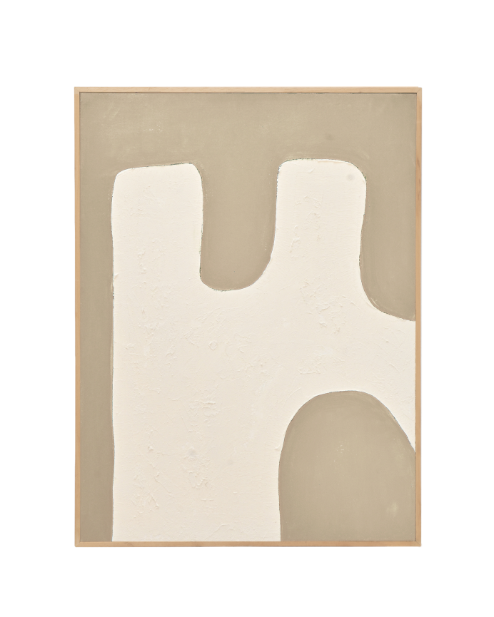 Beige- und weißes dekoratives Gemälde auf Baumwolle mit handbemaltem Holzrahmen in Ölfarbe in verschiedenen Größen.