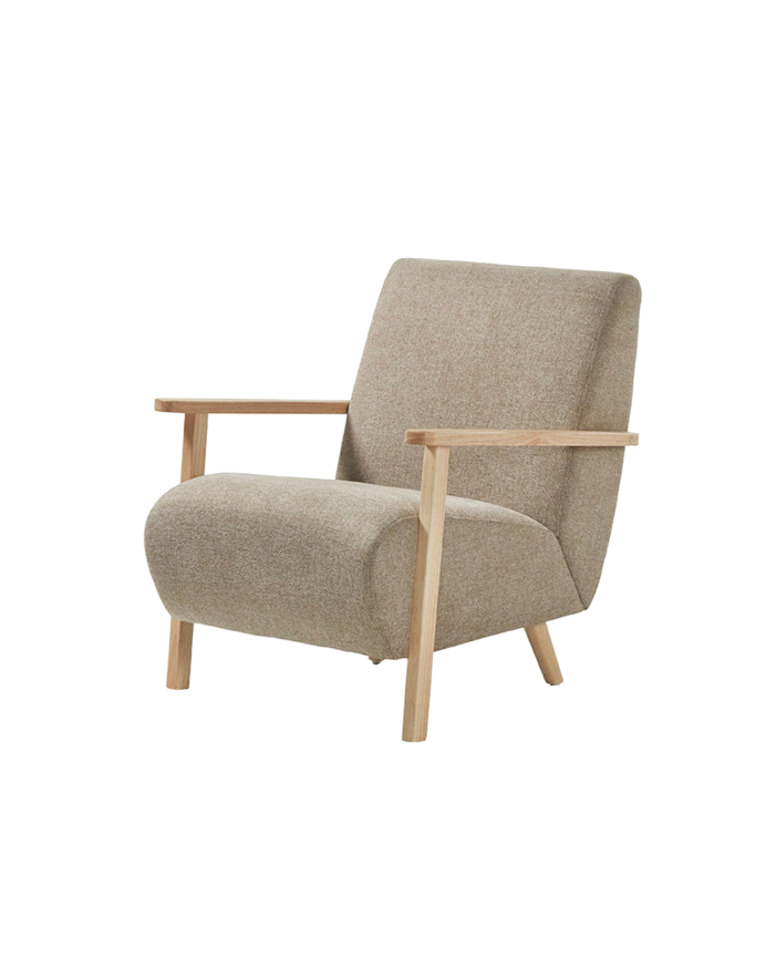 Massiver Holzstuhl mit Sitzfläche aus Stoff in Taupe, 82x70cm