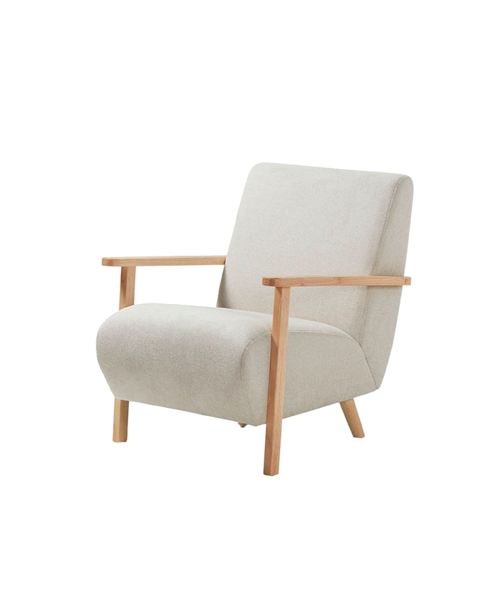 Massiver Holzstuhl mit Sitz aus beige Stoff in den Maßen 82x70cm.
