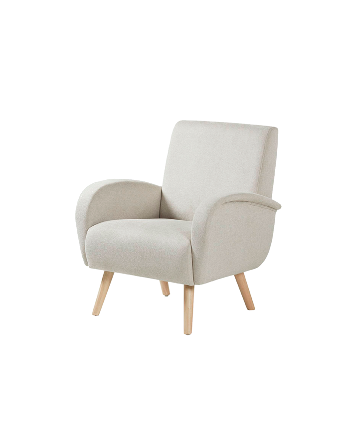 Massiver Holzsessel mit Sitzpolster aus Schaumstoff und Faser in Beige, 75x74 cm.