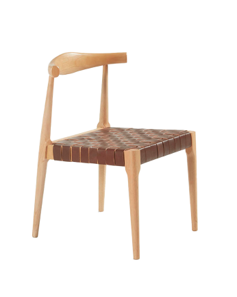 Massiver Holzstuhl mit geflochtener brauner Sitzfläche und Beinen in natürlicher Farbe von 81 cm.