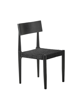 Massiver Holzstuhl mit einem Sitz aus schwarzem Seil in einer Größe von 81 cm.