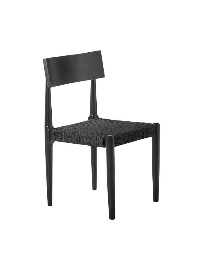 Massiver Holzstuhl mit einem Sitz aus schwarzem Seil in einer Größe von 81 cm.