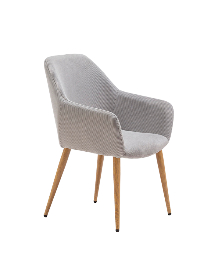 Samtstuhl in Grau mit Metallbeinen in Eichenholzton, 84 cm lang.