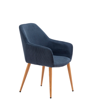 Samtstuhl in Blau mit Metallbeinen in Eichenfarbe, 84 cm lang.