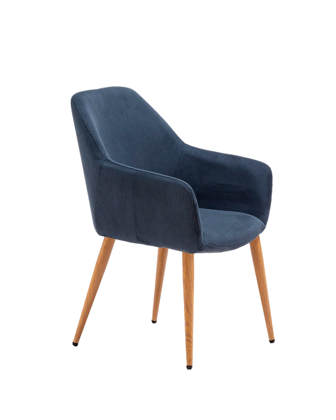 Samtstuhl in Blau mit Metallbeinen in Eichenfarbe, 84 cm lang.