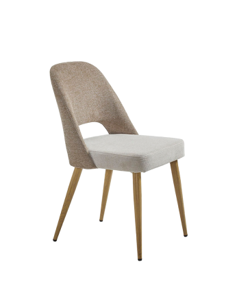 Stoffstuhl in kombinierten Beige- und Taupefarben mit Metallbeinen in Eichenholzton, 84 cm.