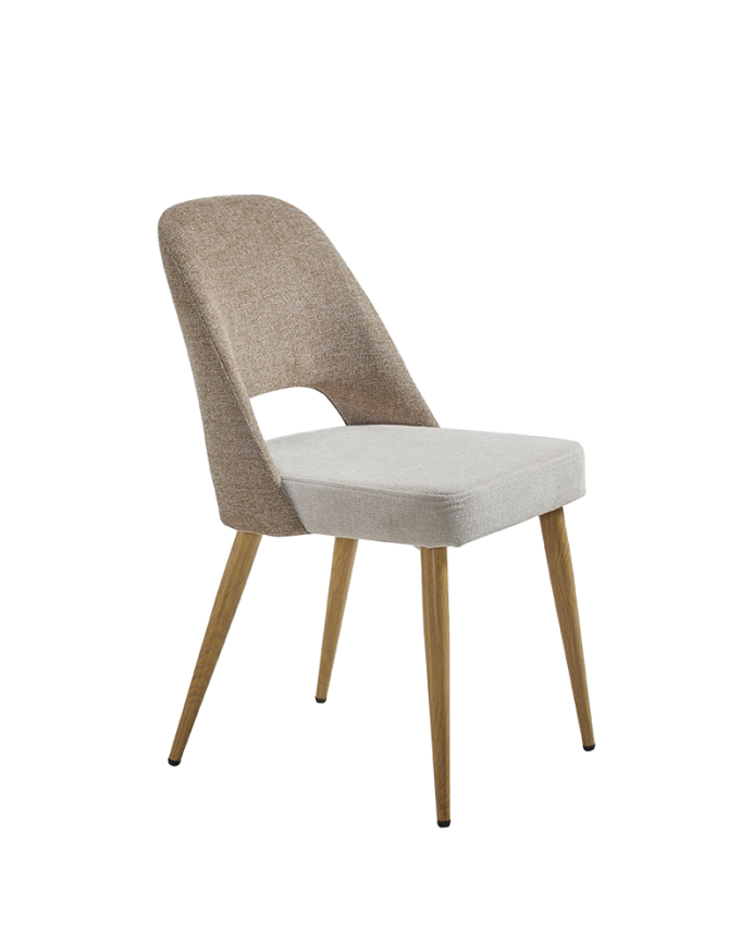 Stoffstuhl in kombinierten Beige- und Taupefarben mit Metallbeinen in Eichenholzton, 84 cm.