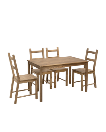 Montieren Sie das Esszimmertischset mit 4 massiven Eichenholzstühlen in dunklem Eichenholzton von 120 cm.