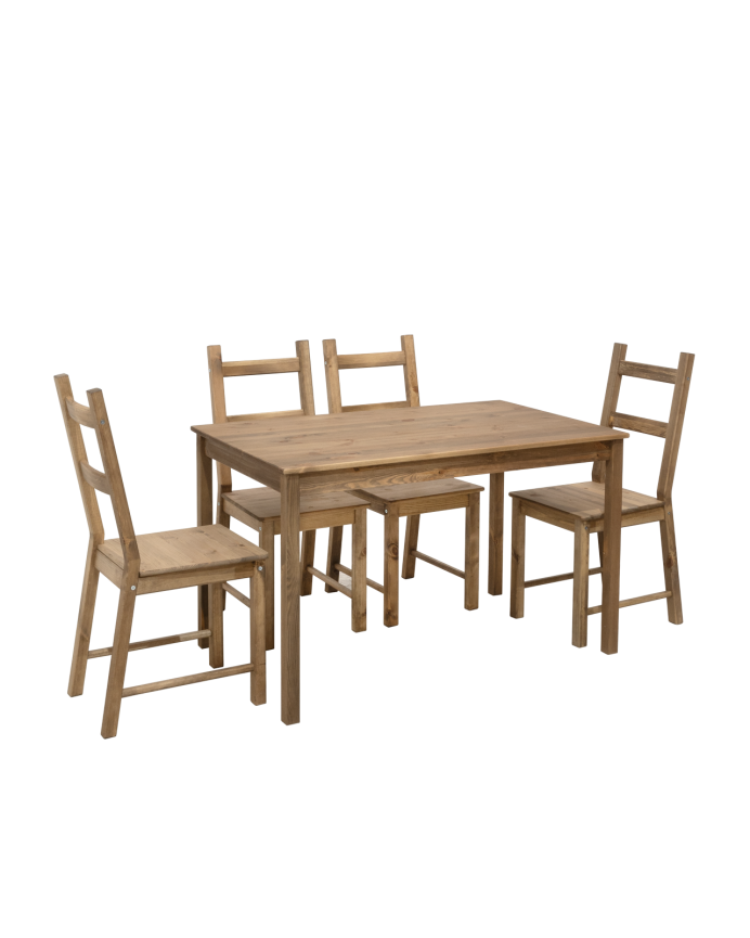Montieren Sie das Esszimmertischset mit 4 massiven Eichenholzstühlen in dunklem Eichenholzton von 120 cm.
