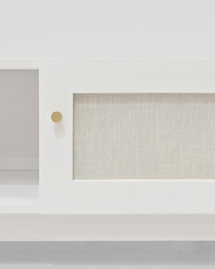 TV-Möbel aus massivem Holz und Leinenstoff mit 2 Türen in weißem Farbton von 150x40cm.