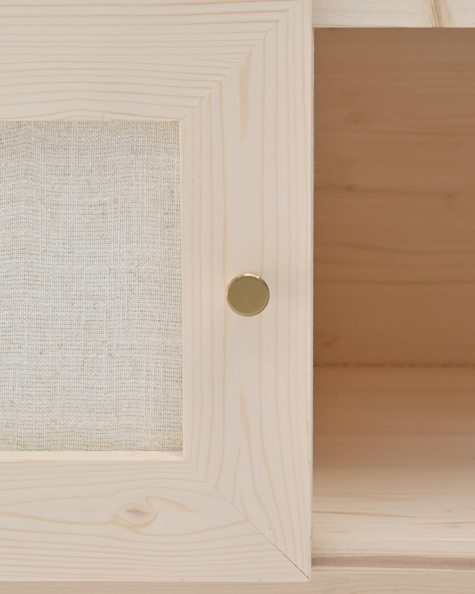 TV-Schrank aus Massivholz und Leinengewebe mit 2 Türen in Naturton, 150x40cm.