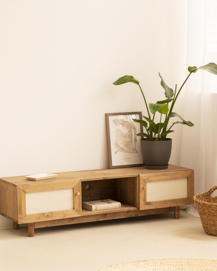 TV-Möbel aus massivem Holz und Leinenstoff mit 2 Türen in dunkler Eichenfarbe, 150x40cm.