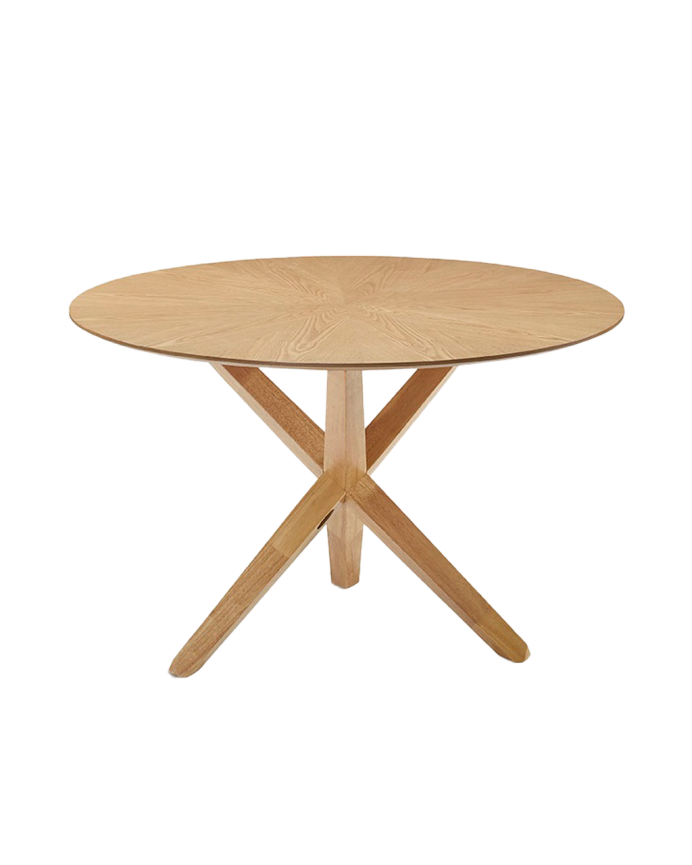 Runder Esstisch aus natürlicher Holzmasse mit einem Durchmesser von 120 cm.