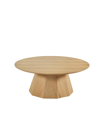 Runder Eichfurnier-Couchtisch mit einem Durchmesser von 35 cm und einer Höhe von 90 cm.