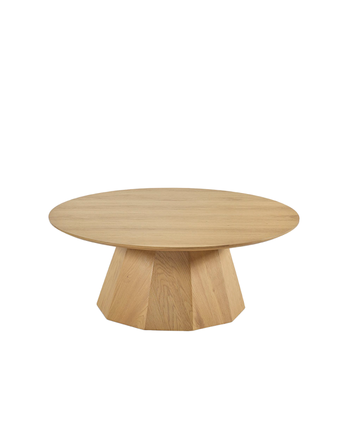 Runder Eichfurnier-Couchtisch mit einem Durchmesser von 35 cm und einer Höhe von 90 cm.