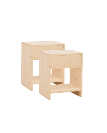 2er-Pack massiver Holz-Nachttische mit einer Schublade in natürlicher Farbe in verschiedenen Größen.