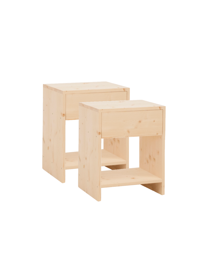 2er-Pack massiver Holz-Nachttische mit einer Schublade in natürlicher Farbe in verschiedenen Größen.