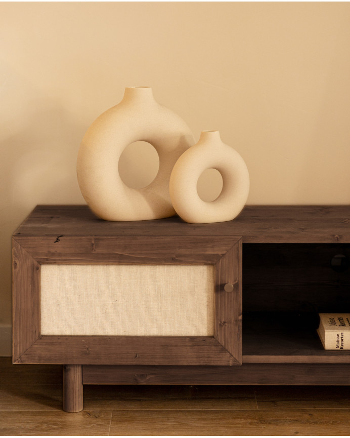 TV-Möbel aus Massivholz und Leinenstoff mit 2 Türen in Nussbaumfarbe, 150x40cm.