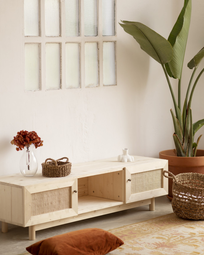 TV-Schrank aus Massivholz und Rattan mit 2 Türen in natürlicher Farbe von 150x40cm