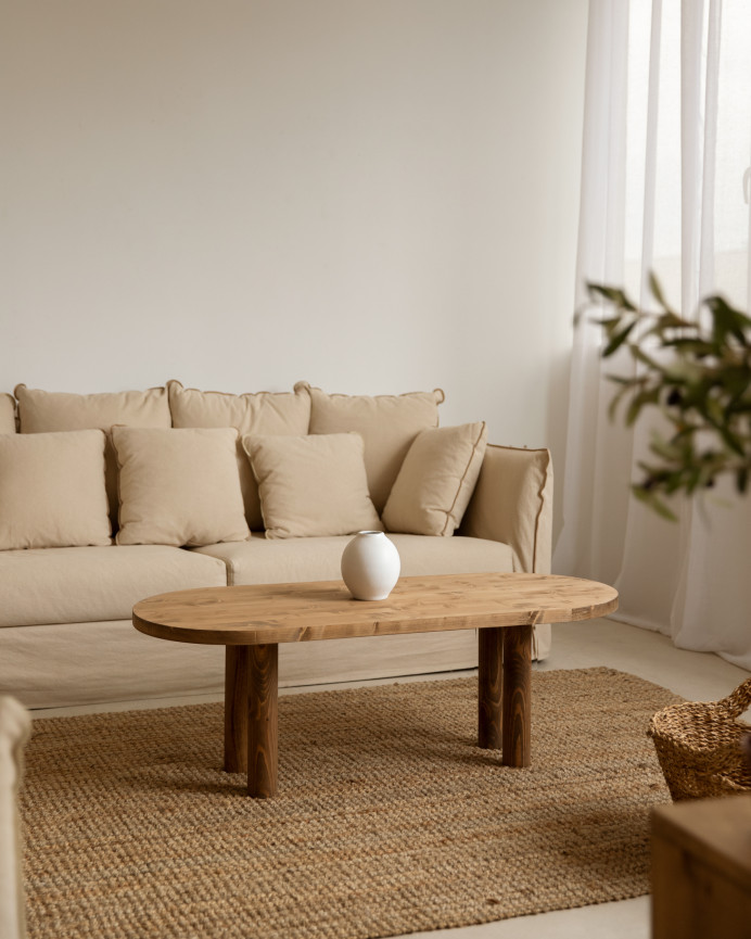 Ovaler Massivholz-Couchtisch in dunklem Eichenton, 40x120cm
