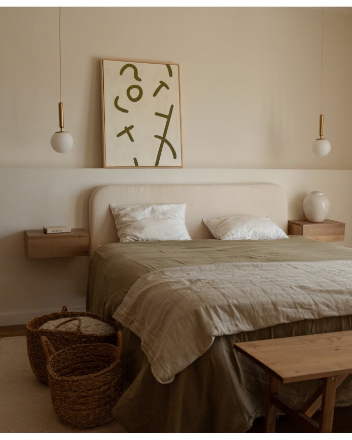 Beige und grünes dekoratives Gemälde auf Baumwollstoff mit handbemaltem Holzrahmen in verschiedenen Maßen mit Ölfarbe.