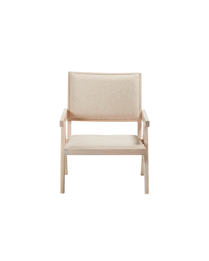 Massiver Holzstuhl mit Sitz aus Schaumstoff und Faser in Weiß mit den Maßen 75x61cm.