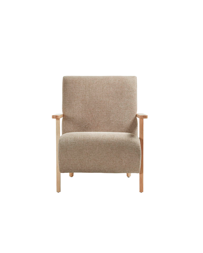 Massiver Holzstuhl mit Sitzfläche aus Stoff in Taupe, 82x70cm