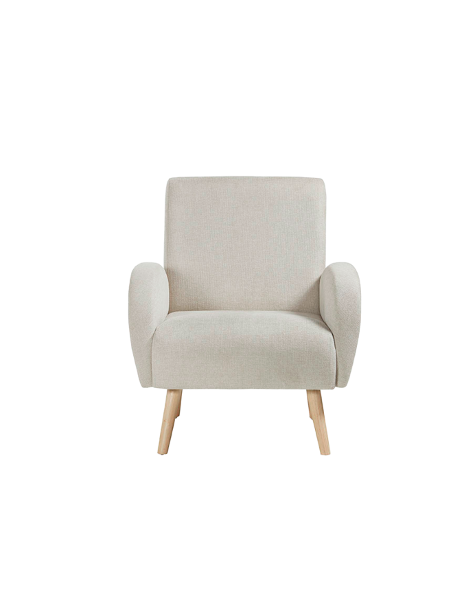 Massiver Holzsessel mit Sitzpolster aus Schaumstoff und Faser in Beige, 75x74 cm.