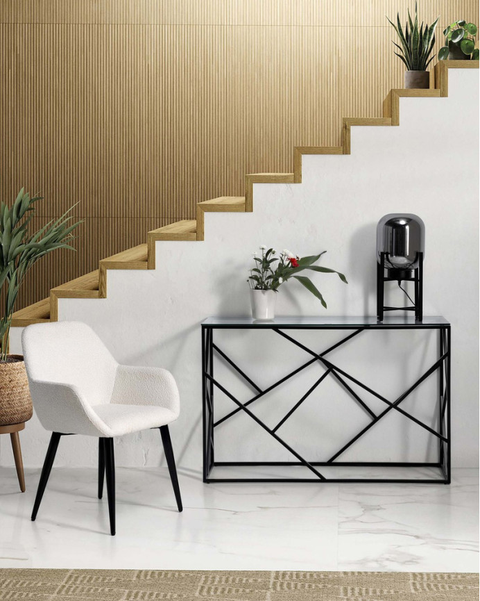 Weißer Bouclé-Sessel mit schwarzen Metallbeinen, 84 cm lang