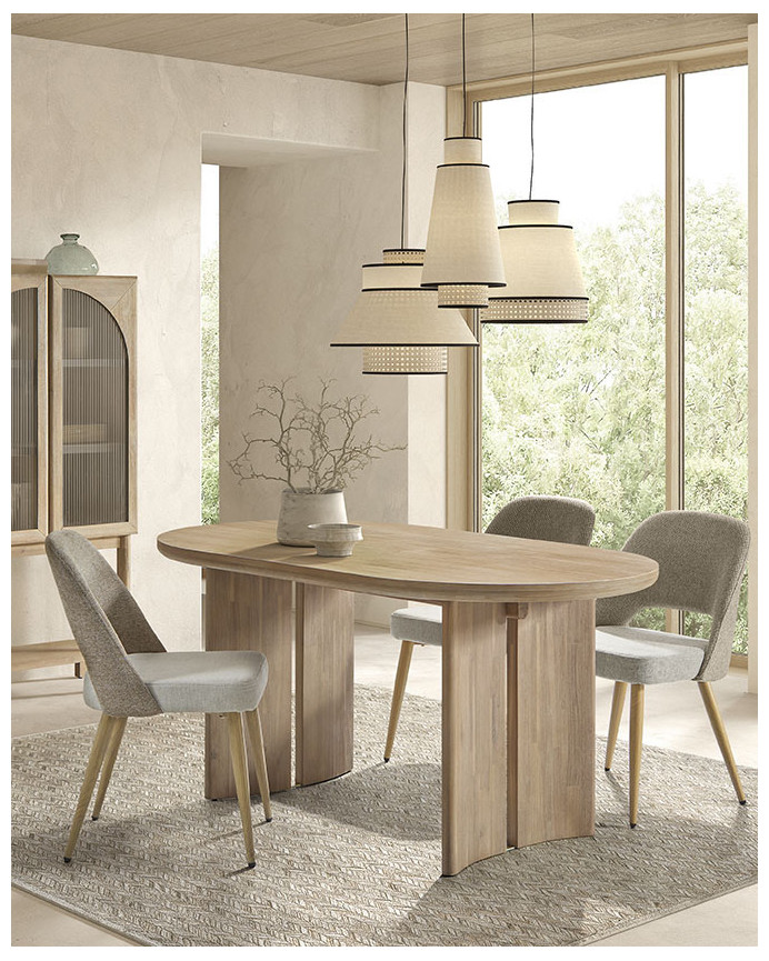 Stoffstuhl in kombinierten Beige- und Taupefarben mit Metallbeinen in Eichenholzton, 84 cm.