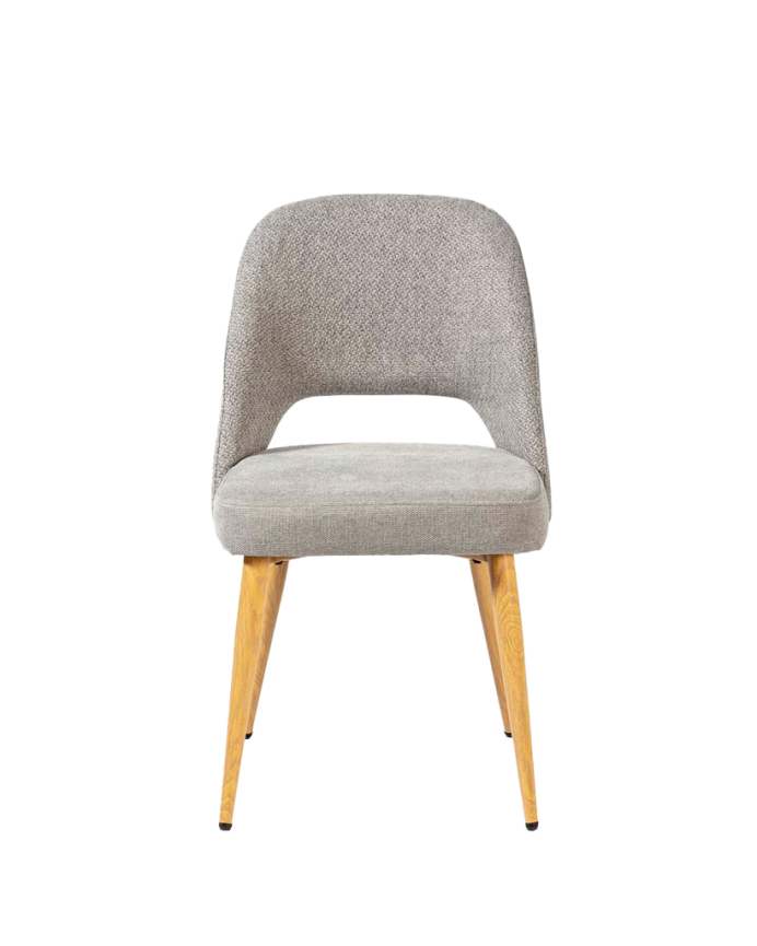 Stoffstuhl in Grau mit Metallbeinen in Eichenholzfarbe, 84 cm lang.