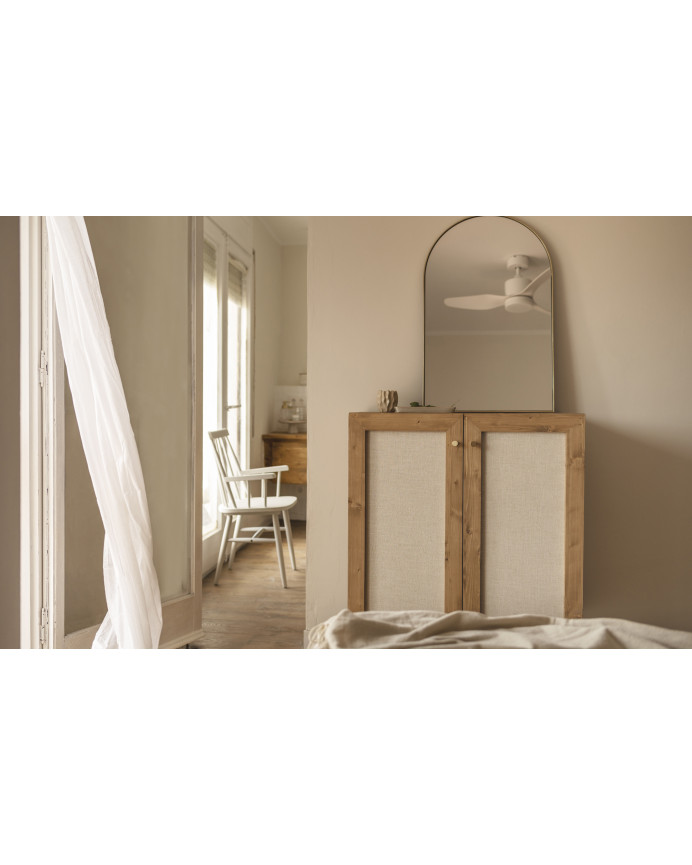 Massives Holz-Sideboard mit Leinengewebe und 2 Türen in dunklem Eichenholzton, Maße 100x80 cm.